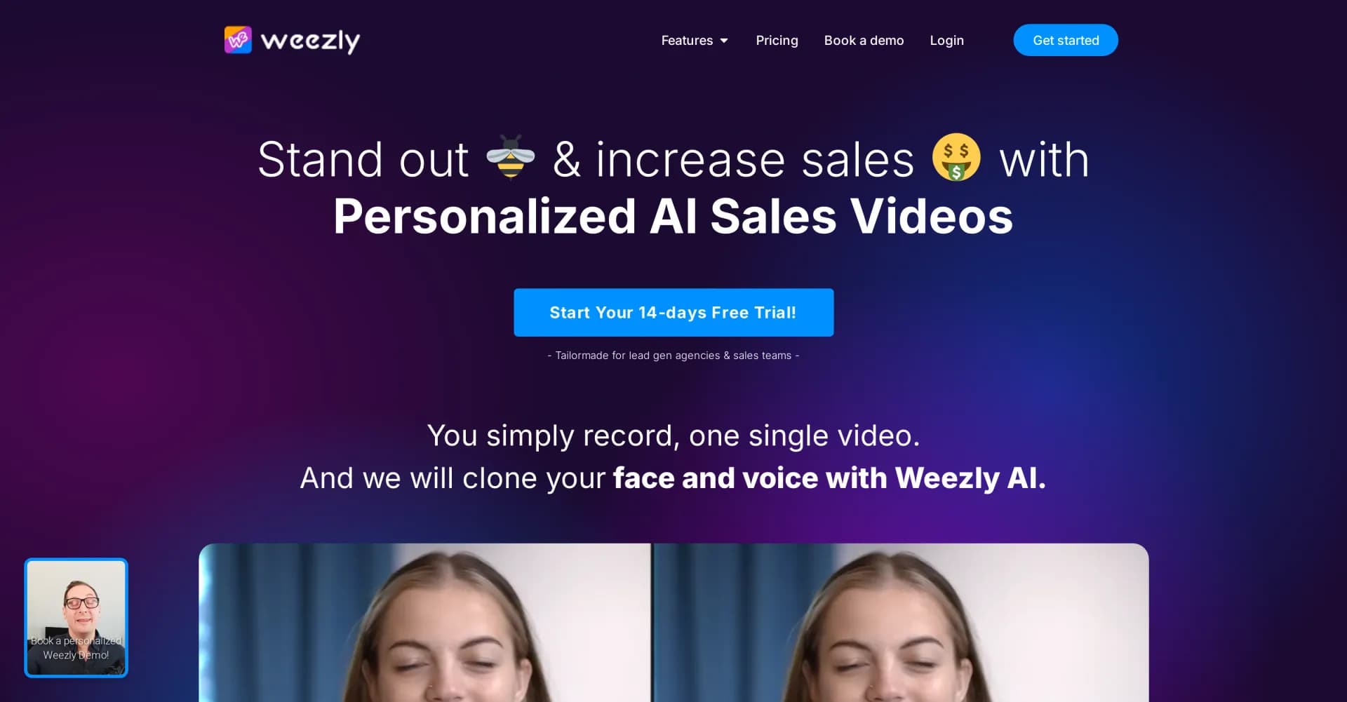 Weezly homepage screenshot — AI-powered personalized sales videos that book meetings.