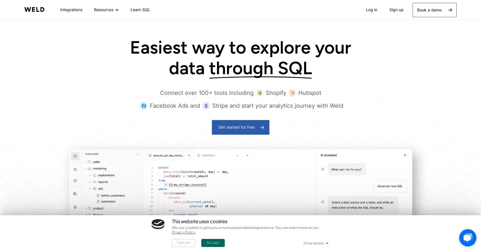 Weld homepage screenshot — Unify data across tools for unique business insights.