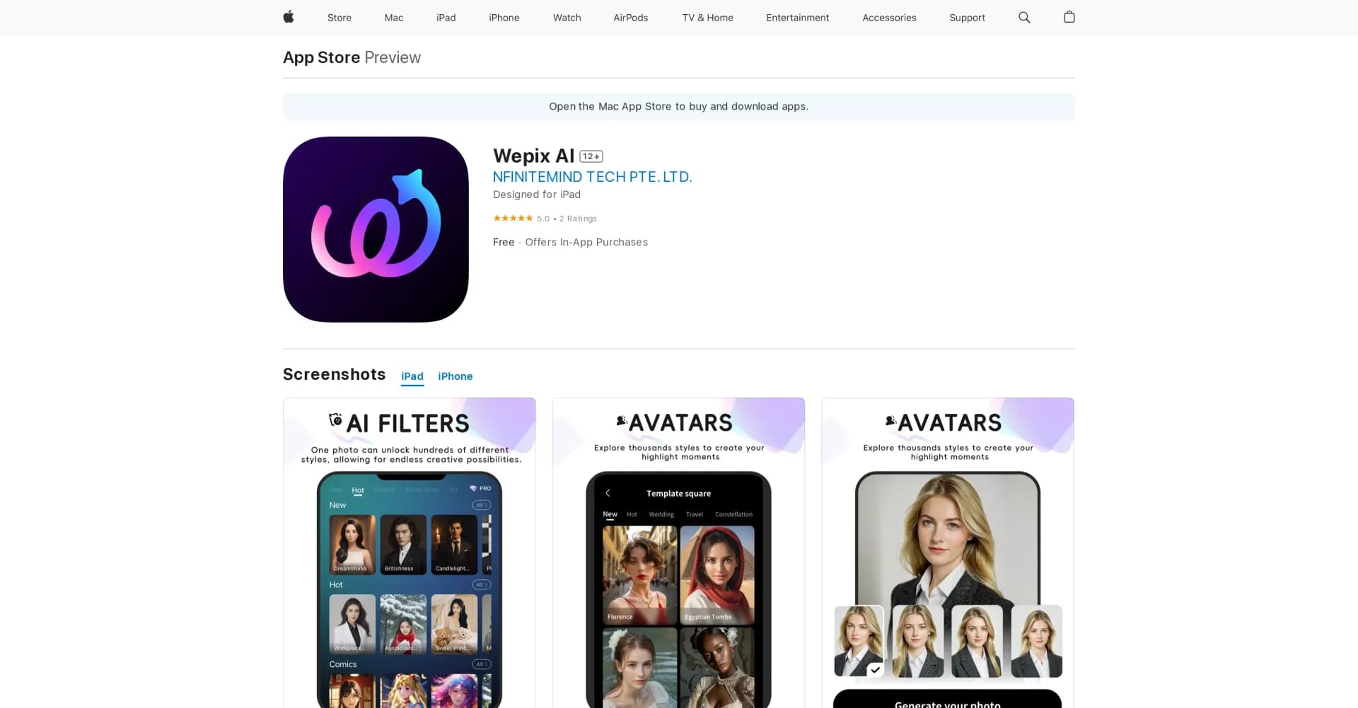 Wepix homepage screenshot — Experience AI enjoyment on your Apple devices with Wepix AI.