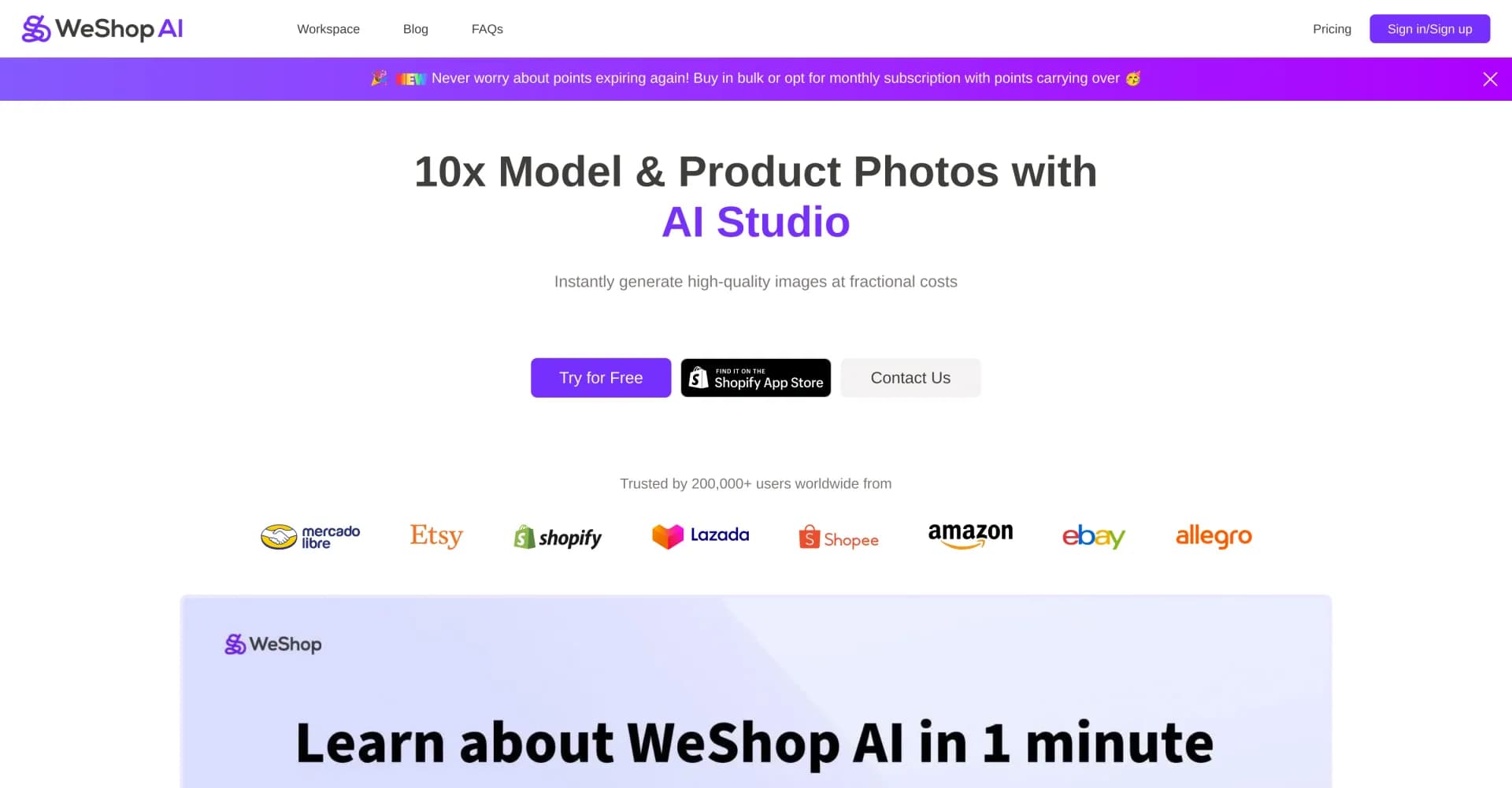WeShop AI homepage screenshot — Create stunning e-commerce visuals with AI