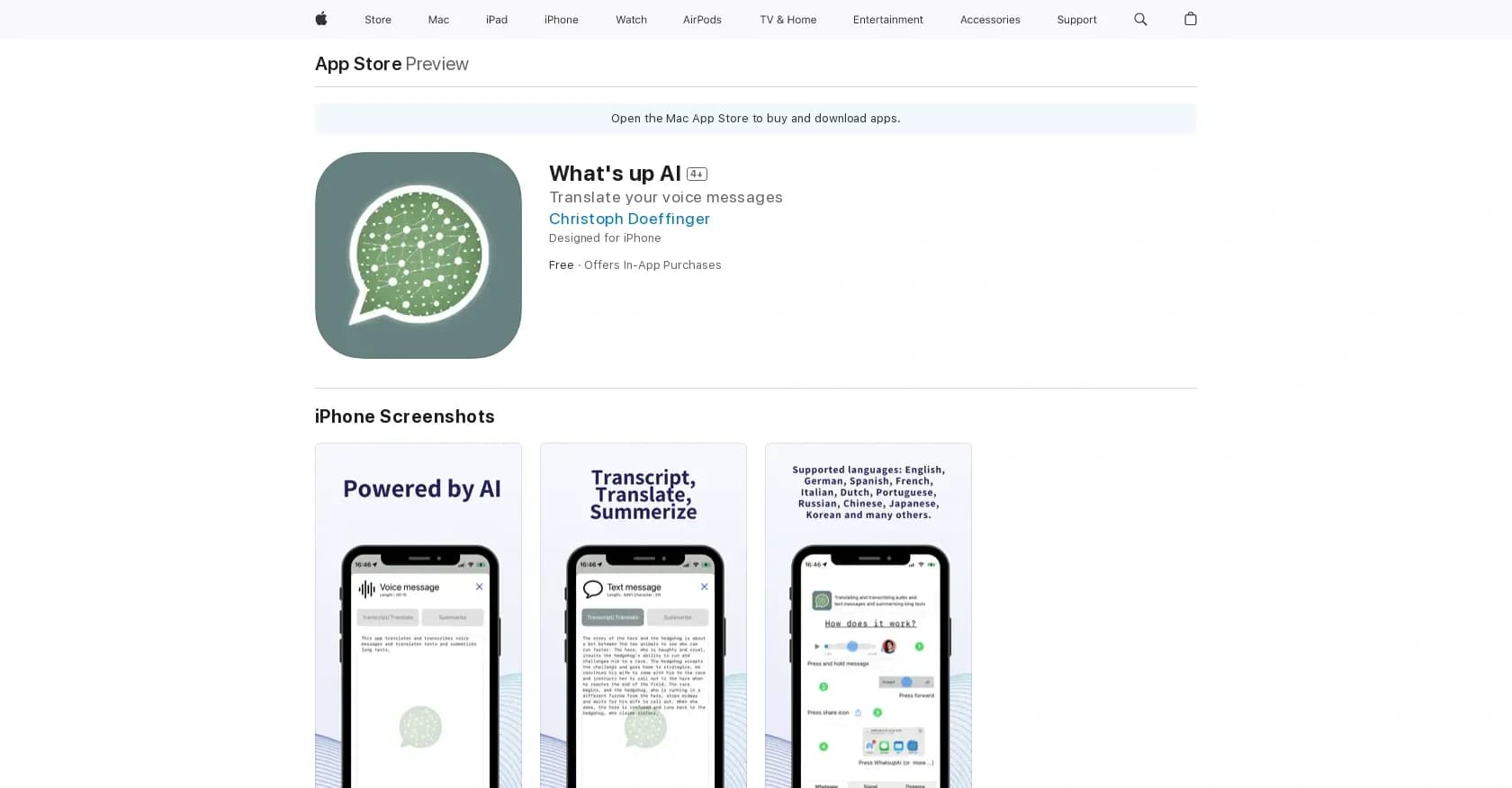 What's up AI homepage screenshot — Translate and summarize voice messages.