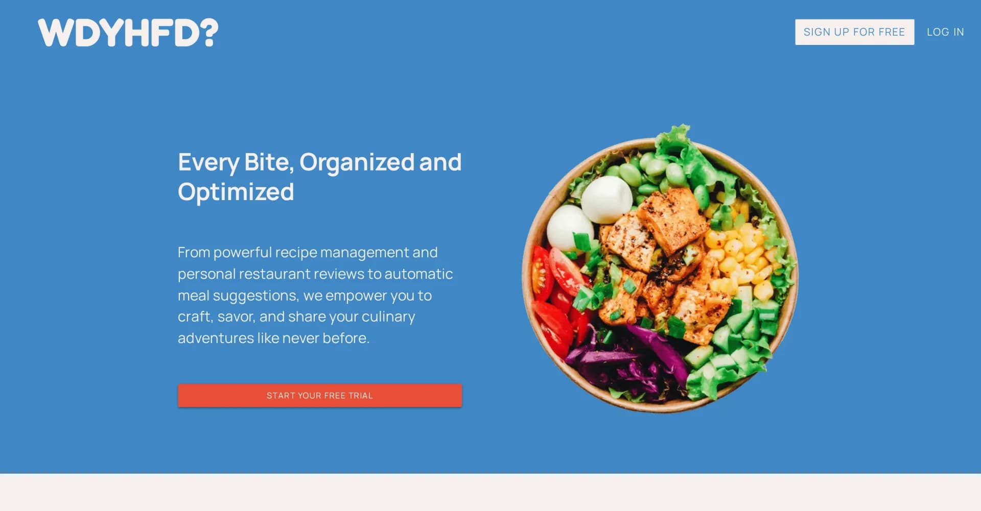 WhatDidYouHaveForDinner homepage screenshot — Organize and optimize every bite you eat