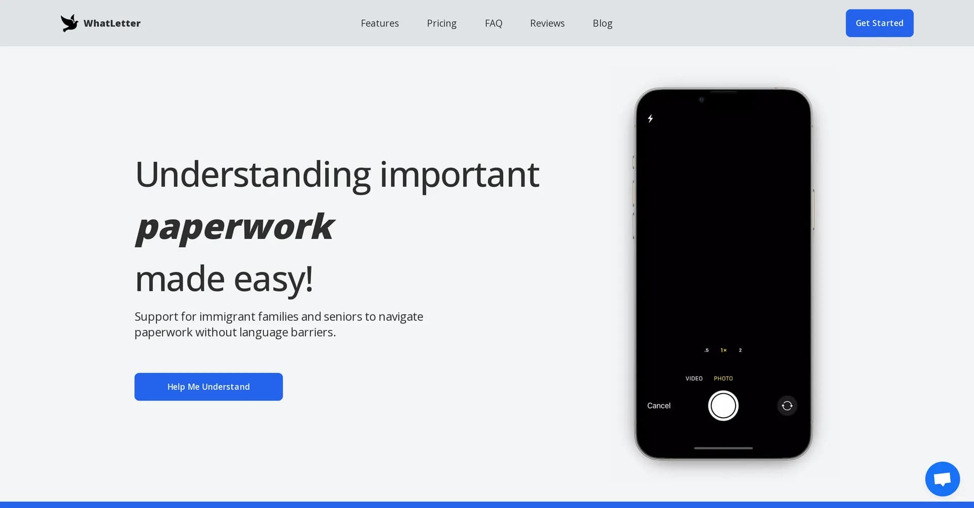 WhatLetter homepage screenshot — Snap, translate and discuss documents in any language.