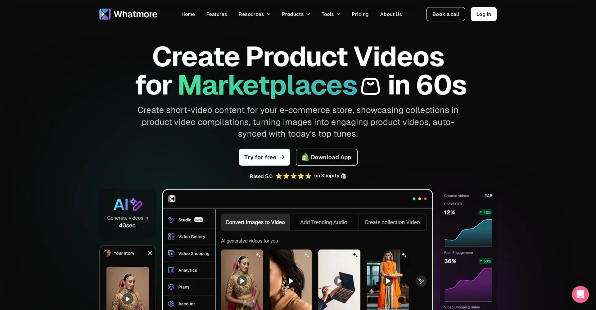 Whatmore homepage screenshot — Convert website videos into sales with AI