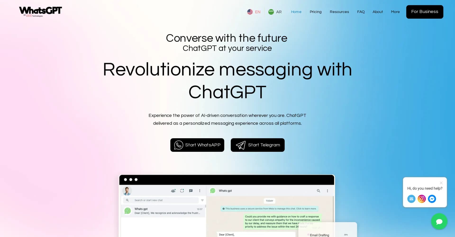 WhatsGPT homepage screenshot — ChatGPT at your service in messaging apps.