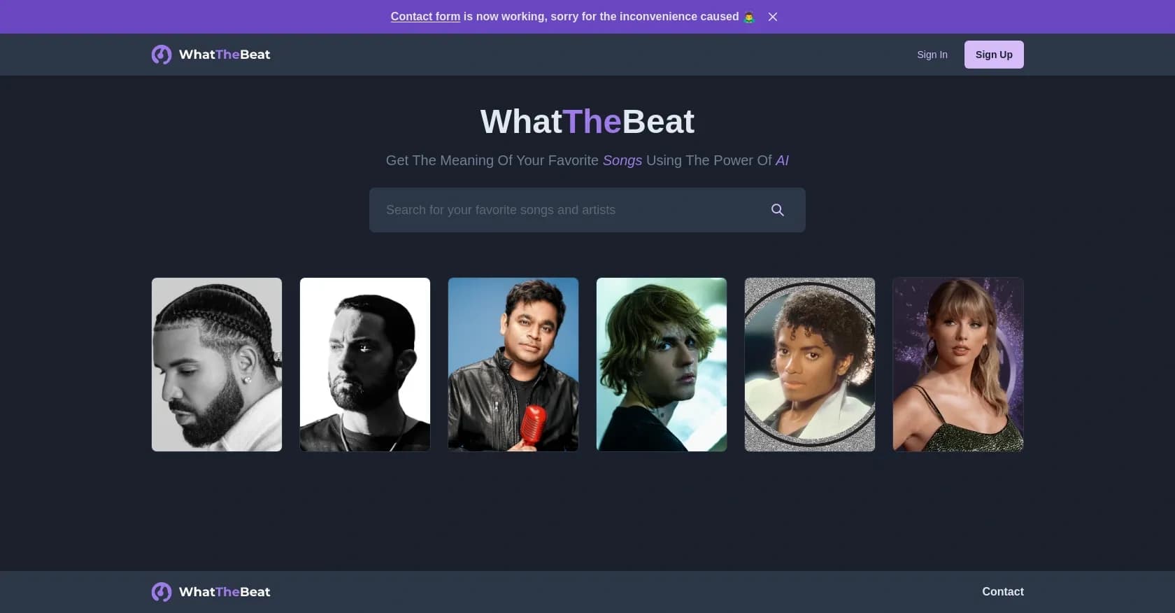 Whatthebeat homepage screenshot — AI-powered song meanings for your favorite tracks