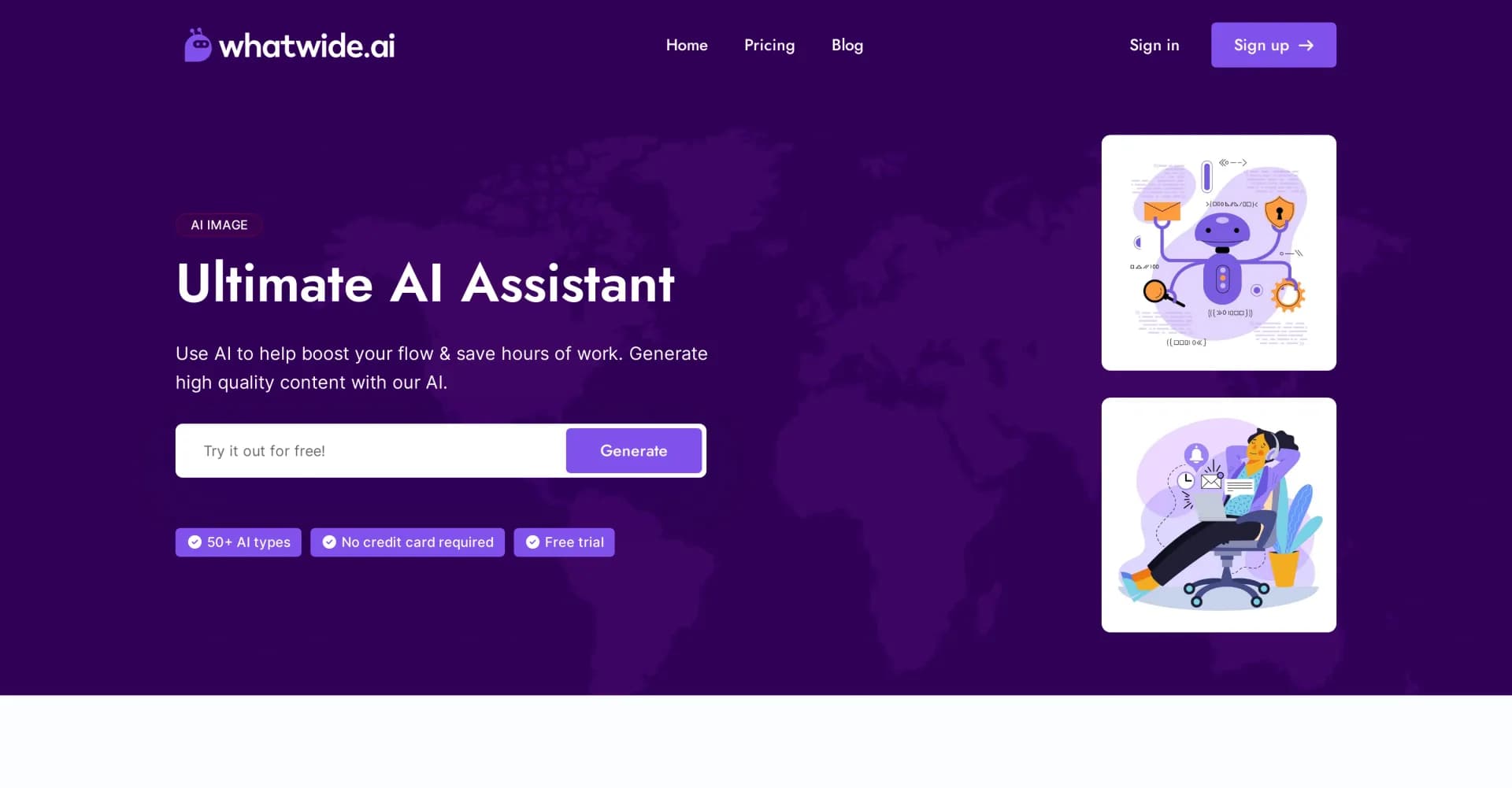 WhatWide homepage screenshot — AI to boost flow and save hours of work.