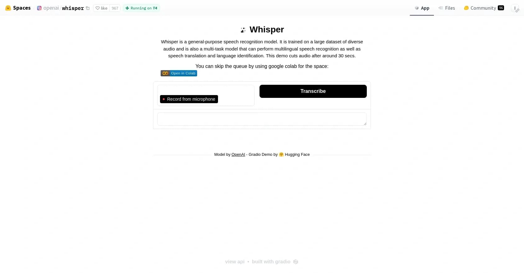 Whisper homepage screenshot — Transcribe speech with AI precision.