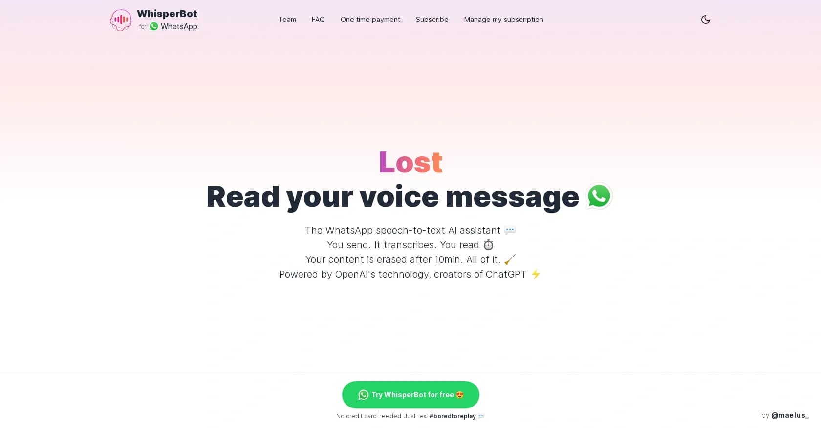 WhisperBot homepage screenshot — Turn WhatsApp voice messages into text instantly.