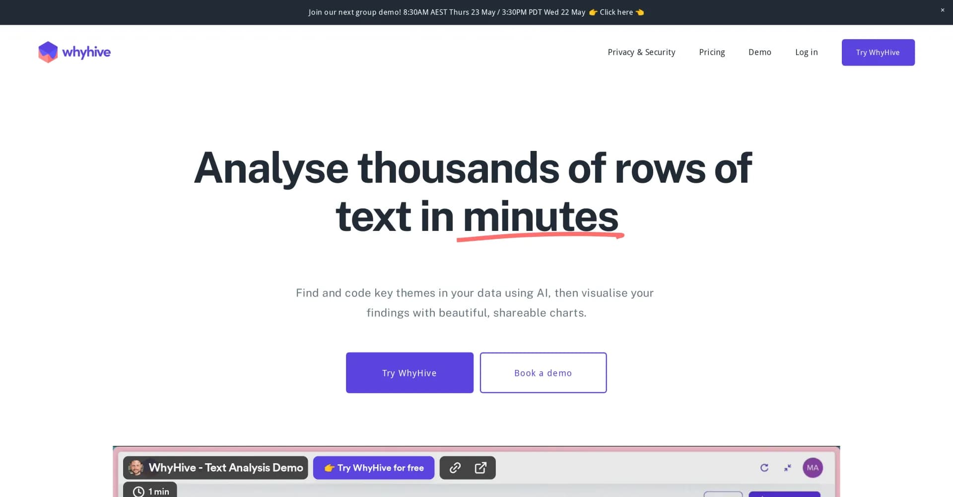 WhyHive homepage screenshot — Analyze thousands of text rows in minutes with AI