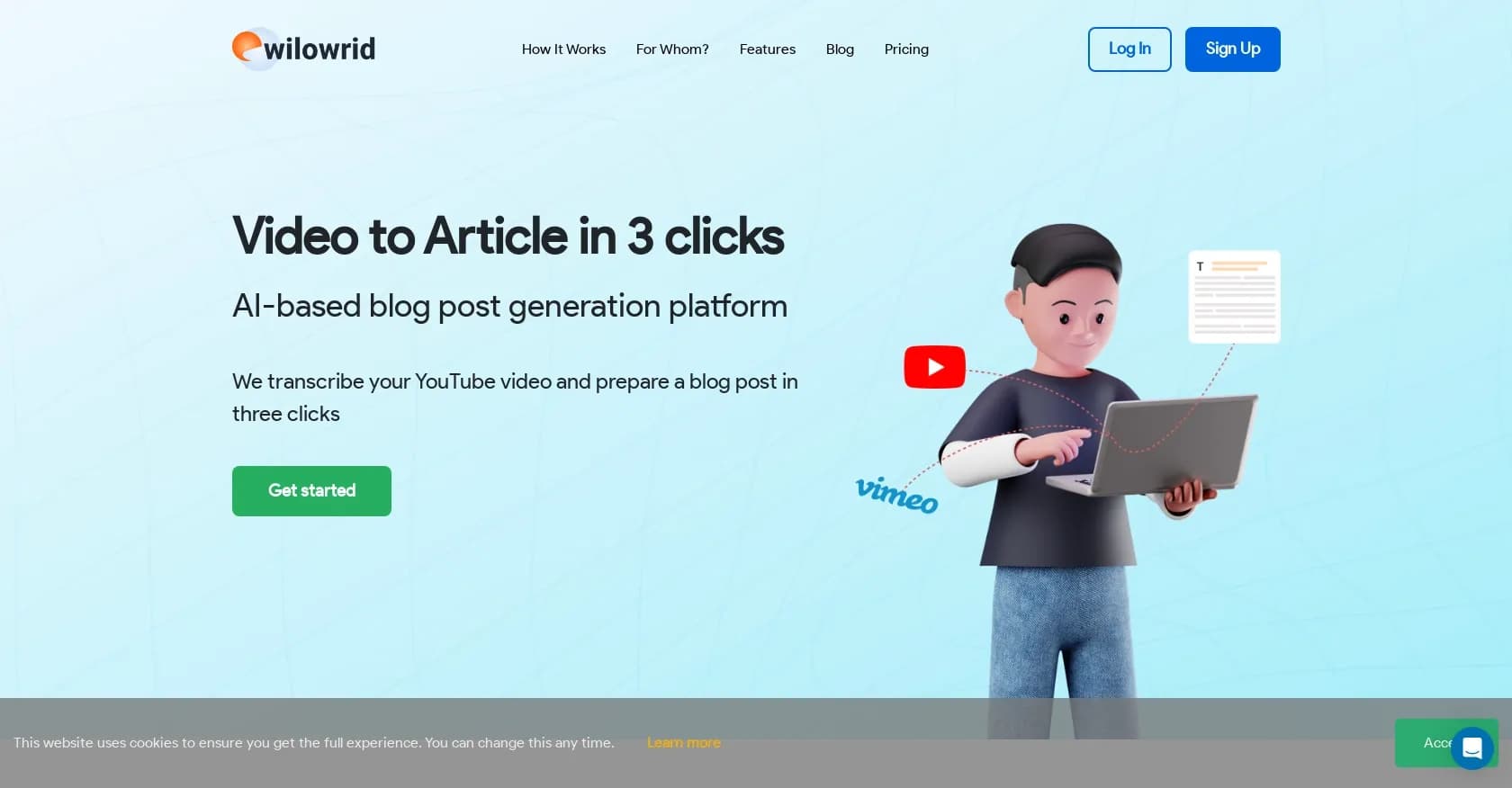 Wilowrid homepage screenshot — Video to article in 3 clicks