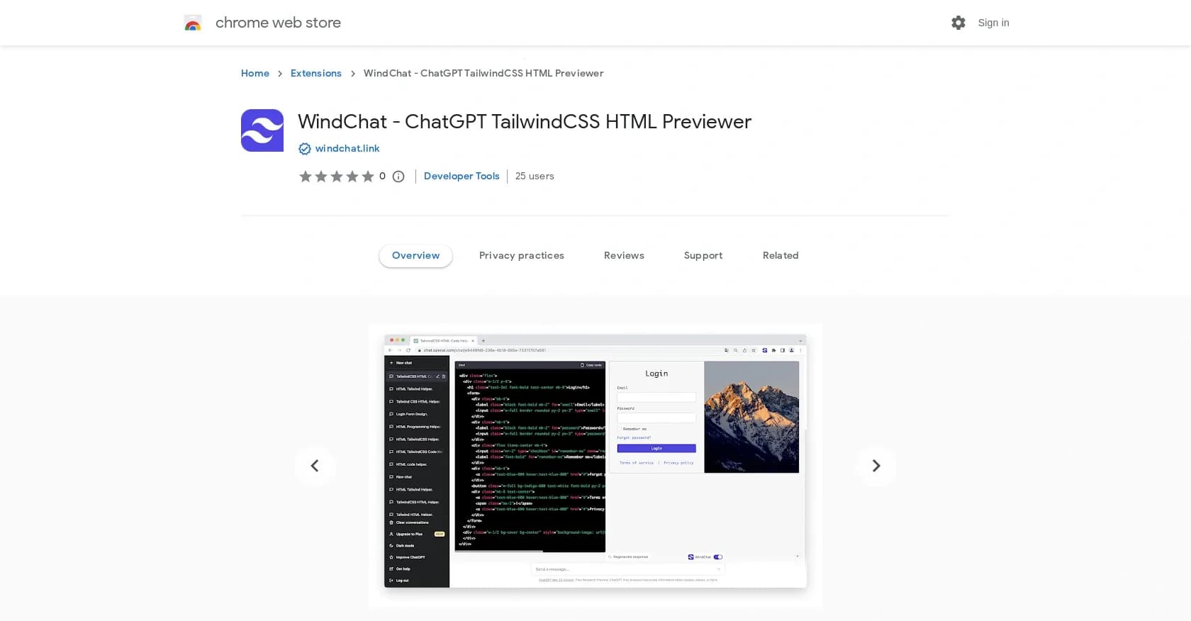 WindChat homepage screenshot — Previewed and edited HTML/CSS in ChatGPT.