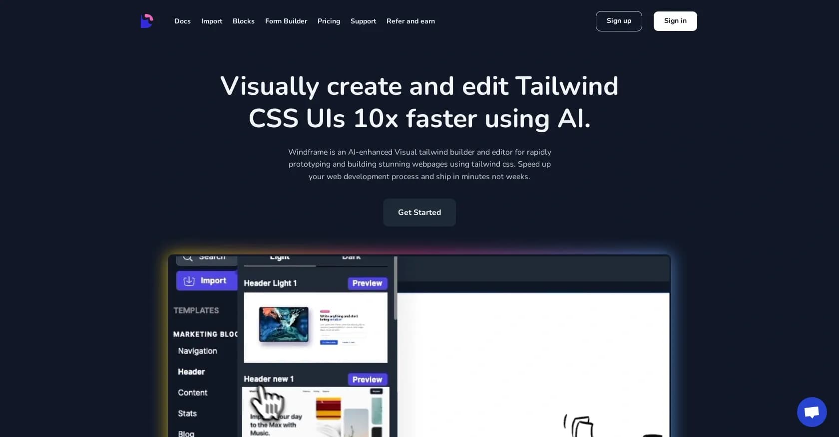 Windframe homepage screenshot — Visually create Tailwind UIs 10x faster with AI.