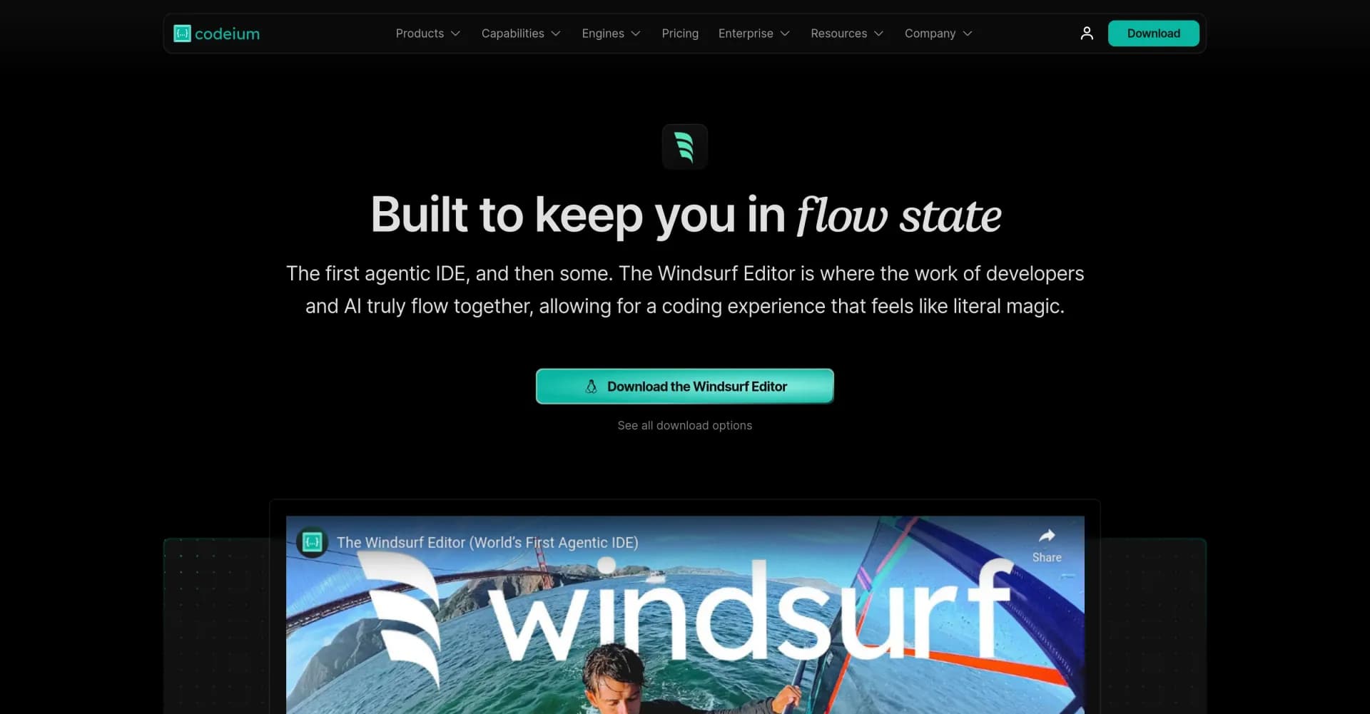 Windsurf Editor by Codeium homepage screenshot — AI agent-powered IDE that keeps developers in flow