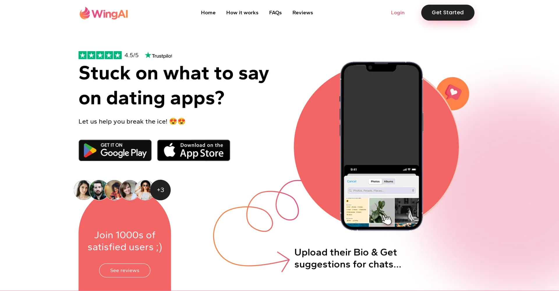 Wing AI homepage screenshot — AI-powered ice breakers for dating apps
