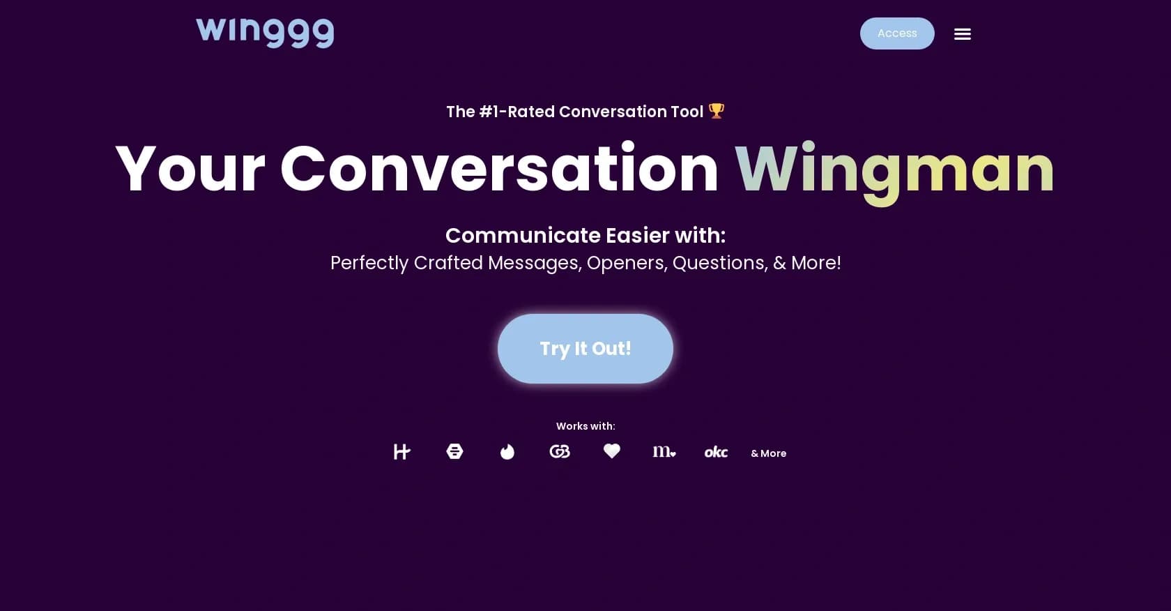 Winggg homepage screenshot — Your conversation wingman for dating apps and real life.