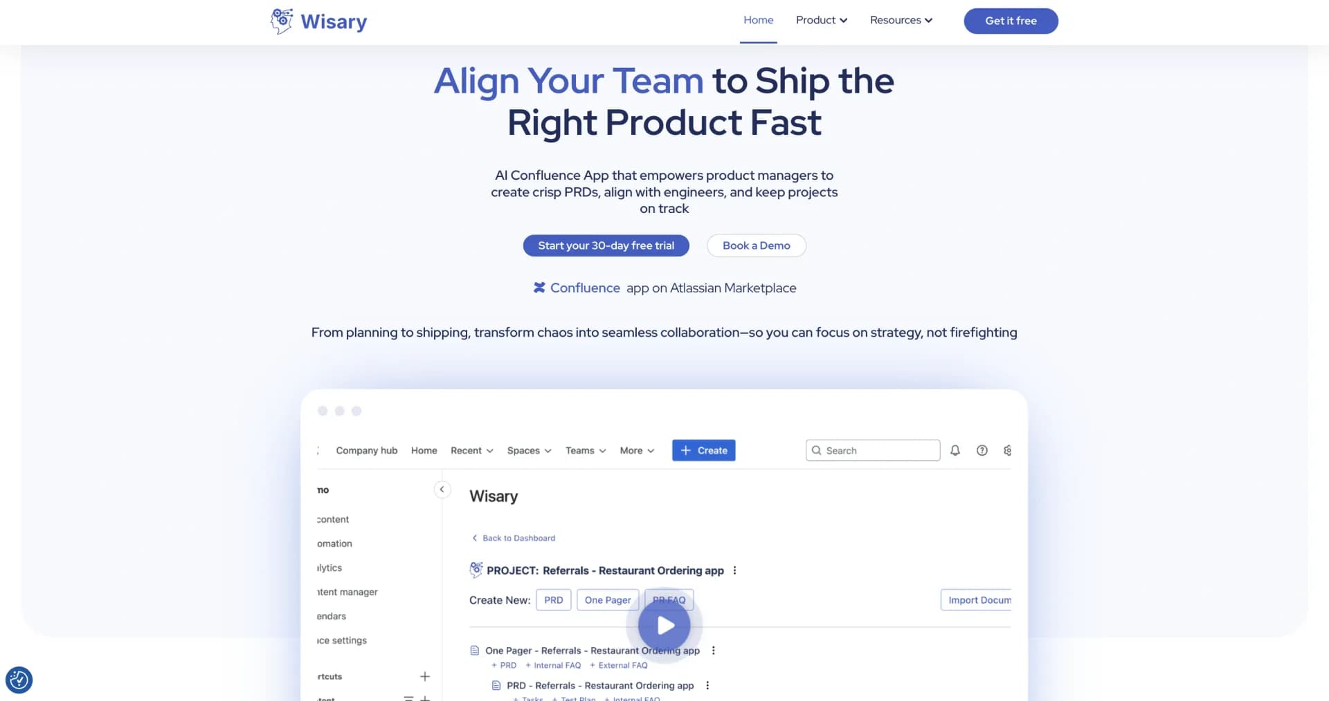 Wisary homepage screenshot — Align Your Team to Ship the Right Product Fast