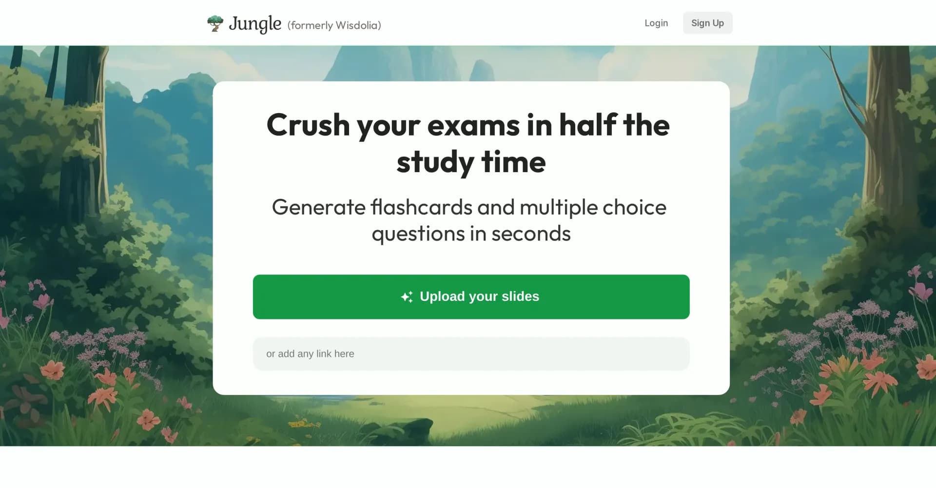 Jungle homepage screenshot — Generate flashcards from any web article to boost retention.