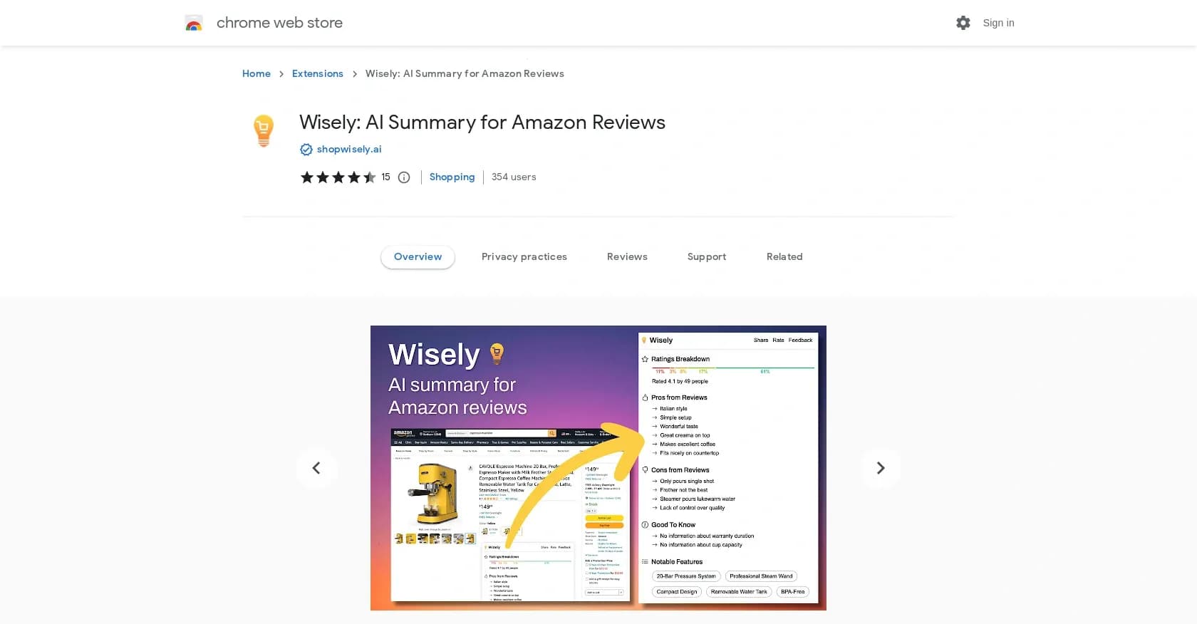 Wisely homepage screenshot — Amazon review analysis improves shopping decisions.
