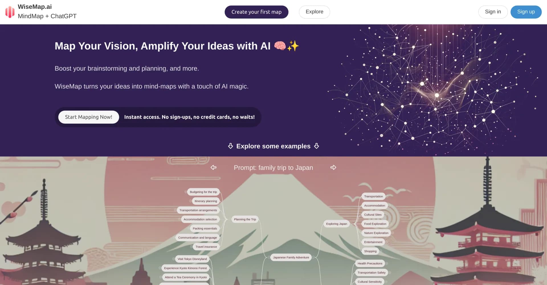 WiseMap homepage screenshot — Map your vision, amplify ideas with AI.