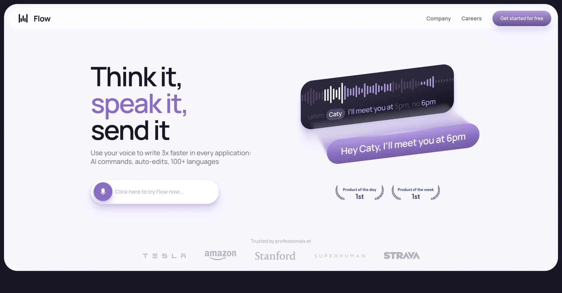 Wispr Flow homepage screenshot — Speak naturally, write perfectly, 3x faster.