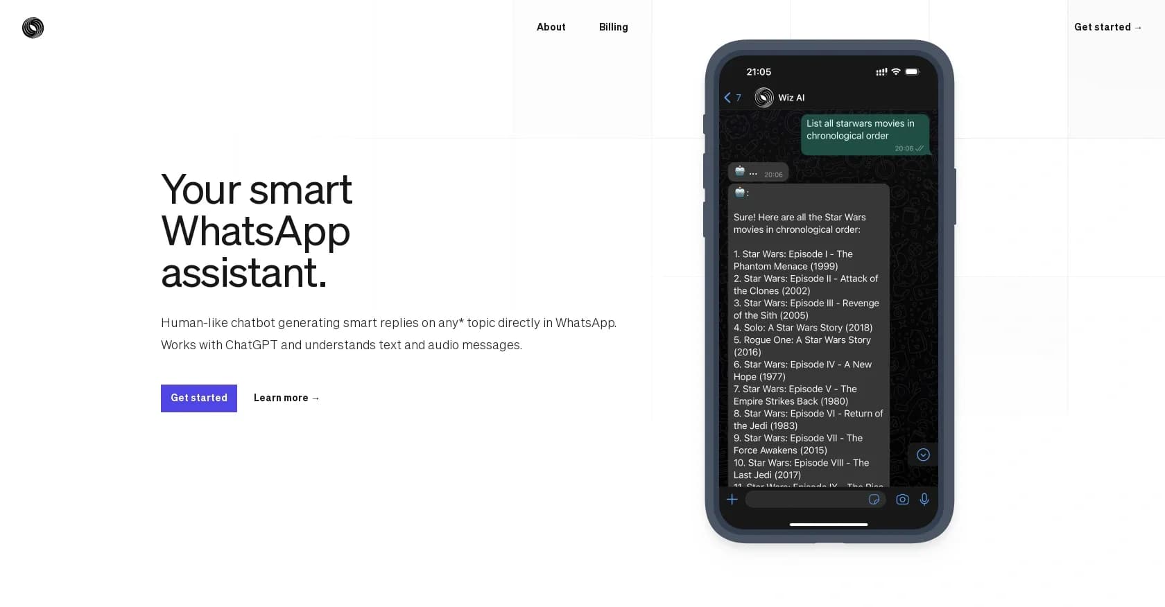 WizAI homepage screenshot — Your smart WhatsApp assistant for any topic.