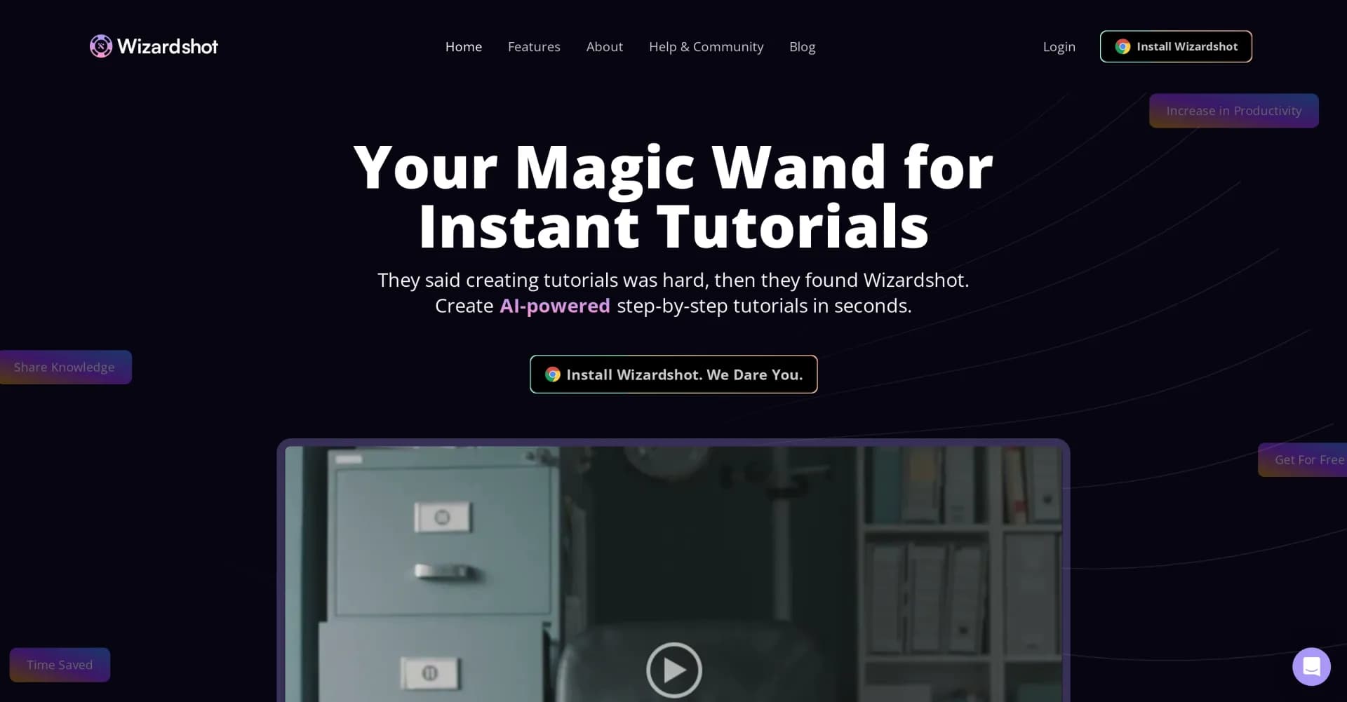 Wizardshot homepage screenshot — Create AI-powered tutorials in seconds.