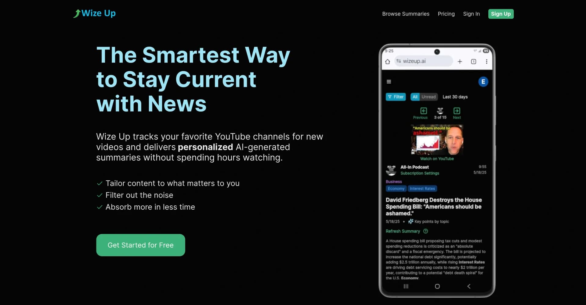 Wize Up homepage screenshot — Personalized AI summaries of YouTube channels