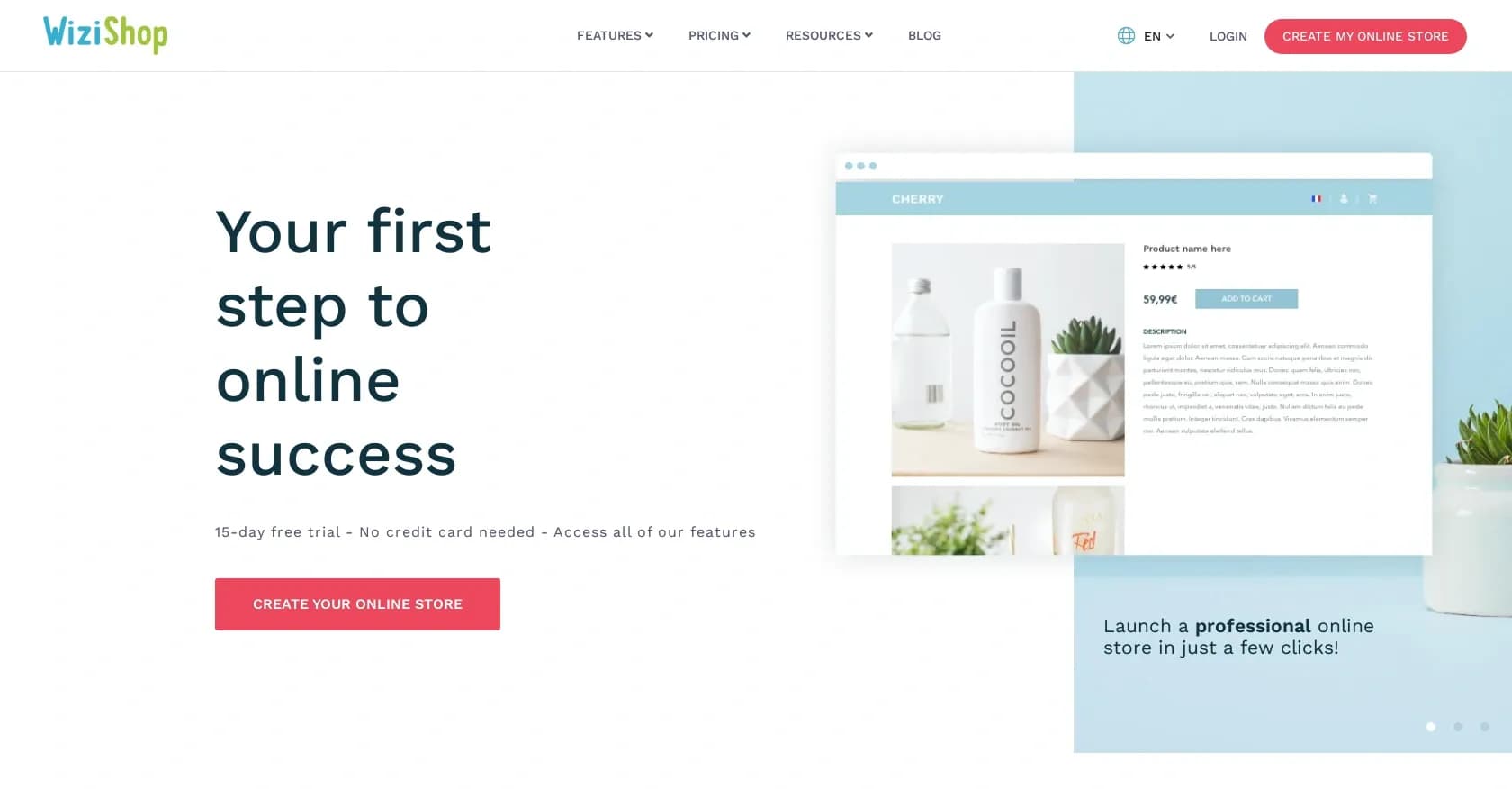 Wizishop homepage screenshot — Create and launch your professional online store