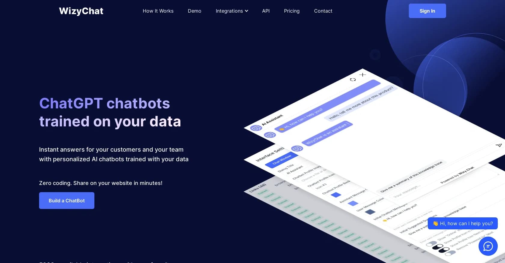 WizyChat homepage screenshot — Personalized AI chatbots trained on your data