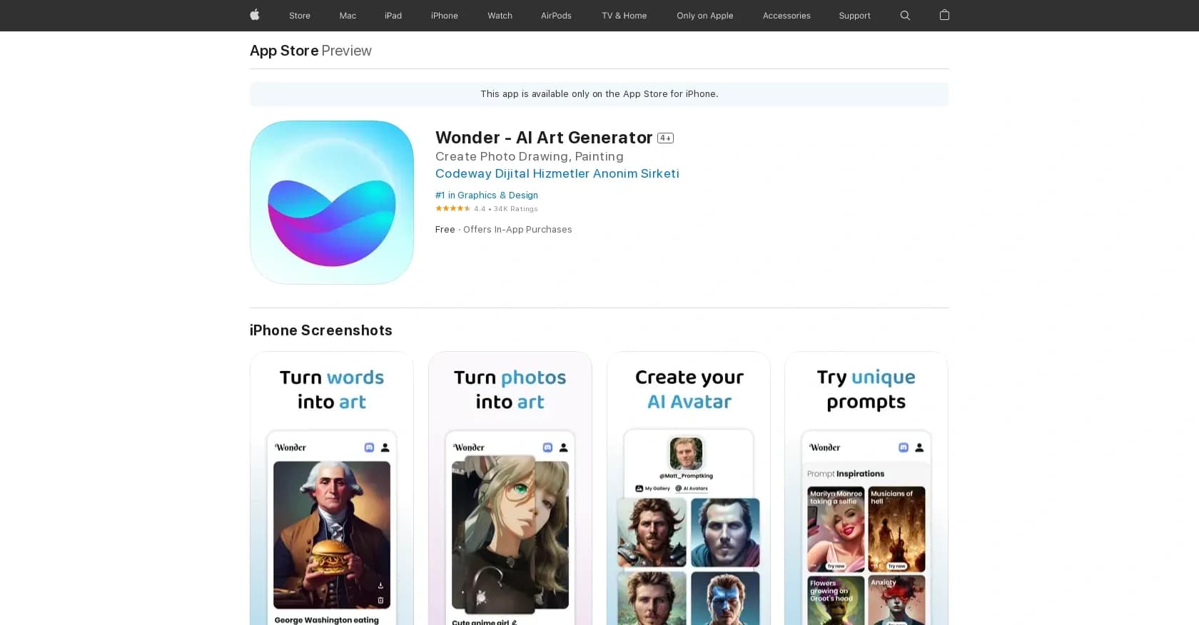 Wonder - AI Art Generator homepage screenshot — An app allowing unique artwork creation on mobile.