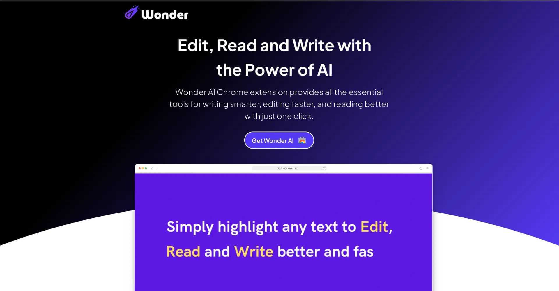 WonderAI homepage screenshot — Edit, read, and write smarter with AI power.