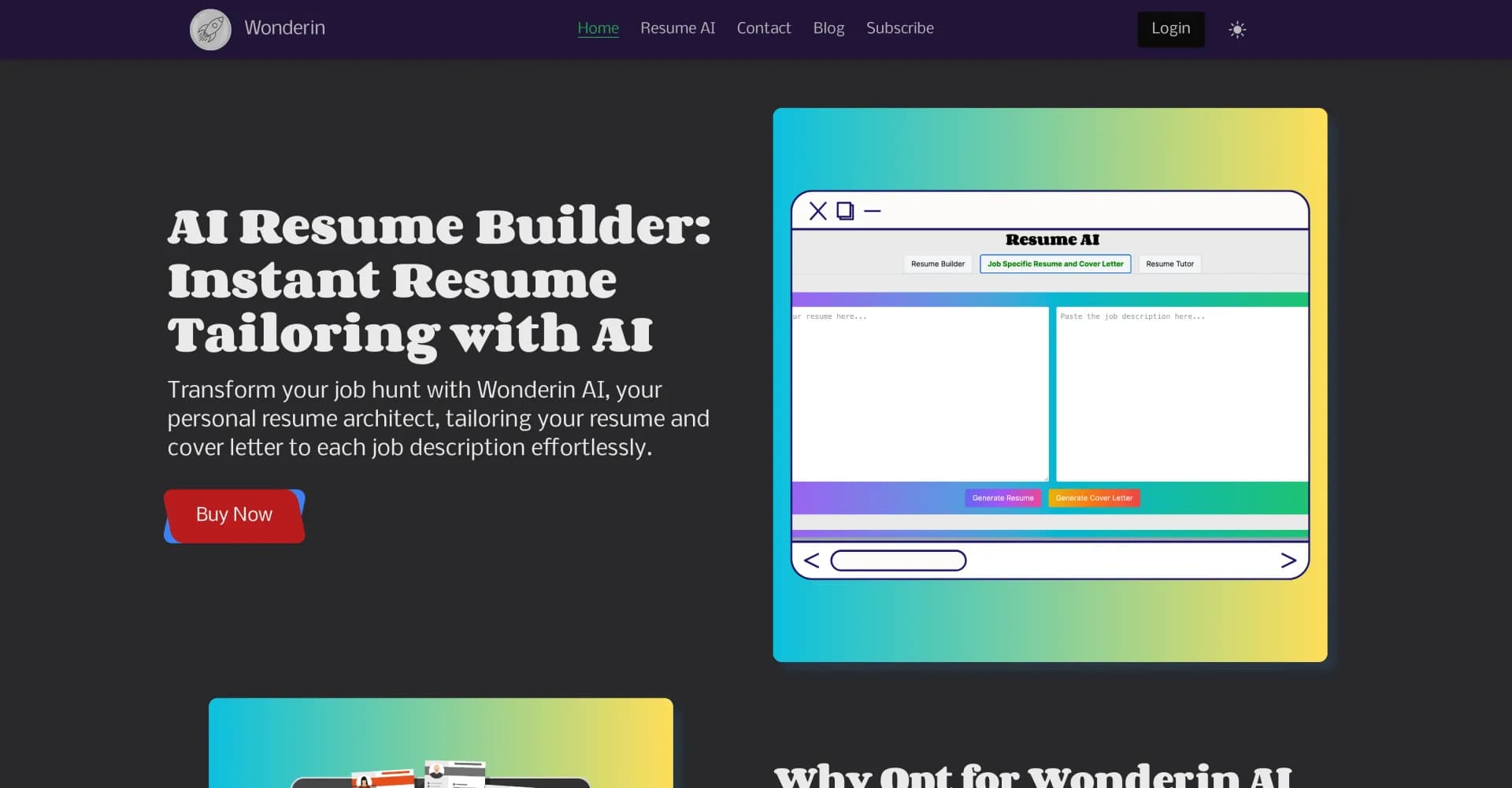 Wonderin AI homepage screenshot — AI Resume Builder: Instantly tailor resumes to any job
