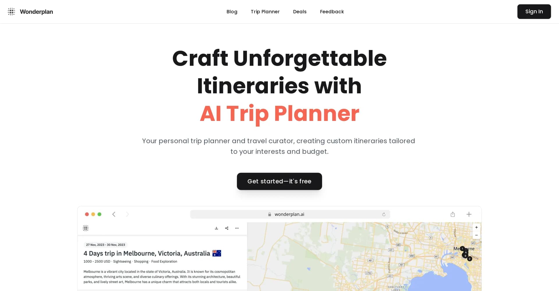 Wonderplan homepage screenshot — AI trip planner crafts unforgettable itineraries