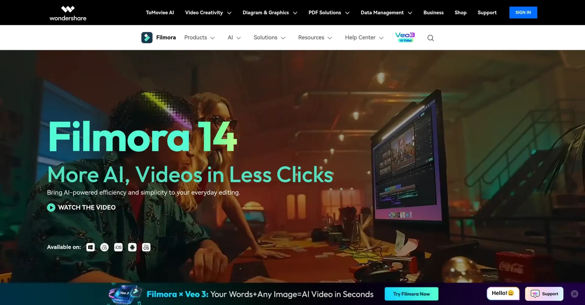 Wondershare Filmora homepage screenshot — Edit videos faster, smarter and easier with AI.