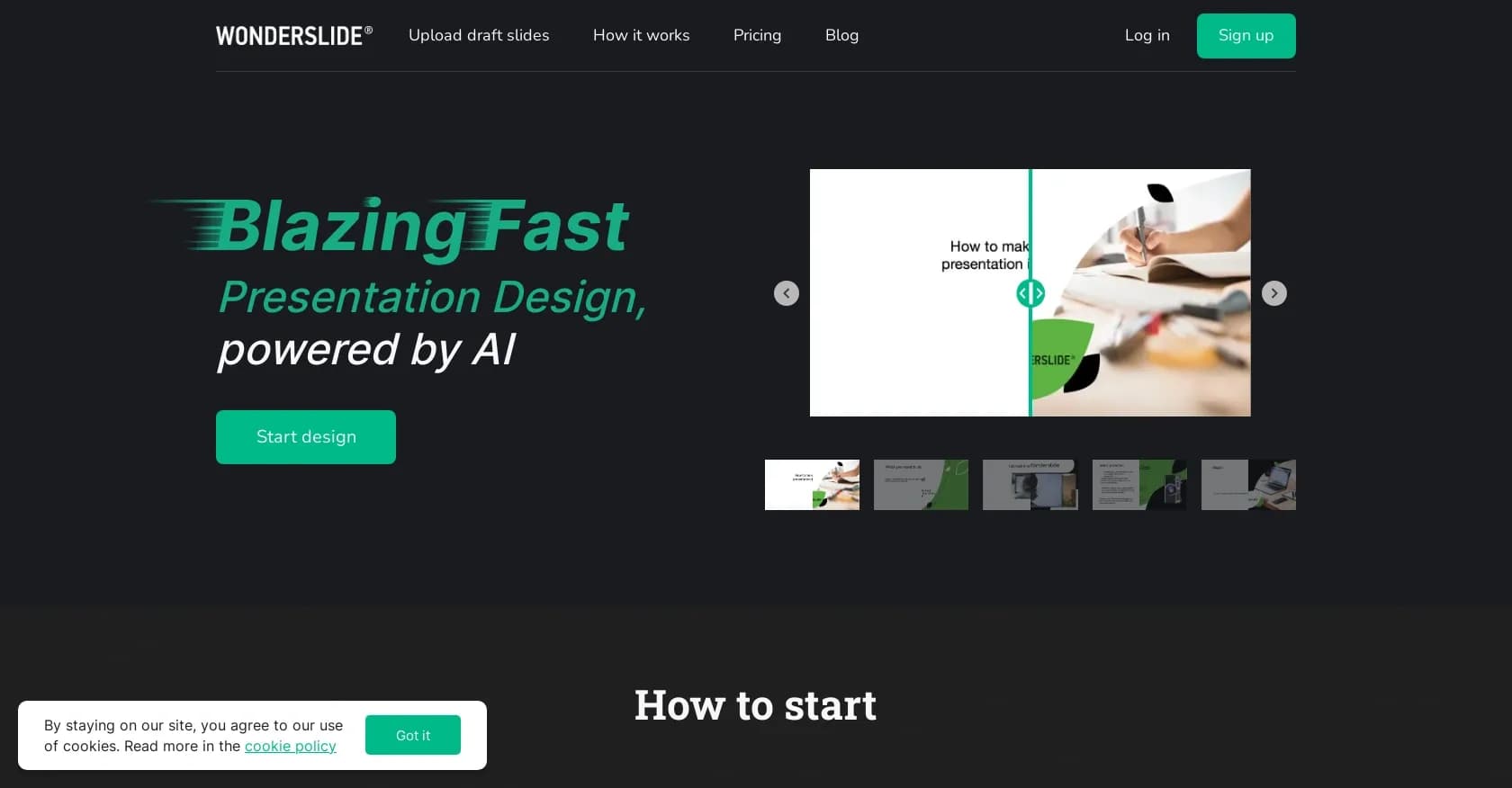 Wonderslide homepage screenshot — Design stunning presentations instantly with AI