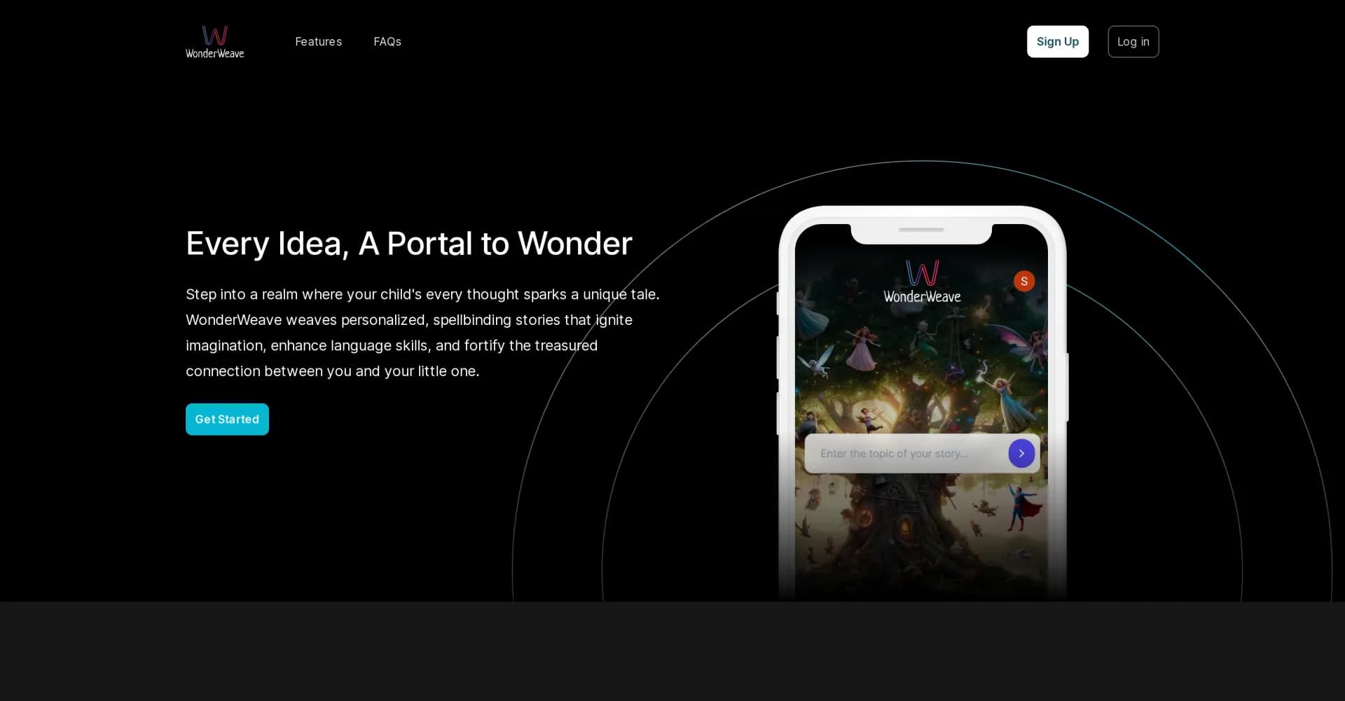WonderWeave homepage screenshot — Turn your child's ideas into magical stories.