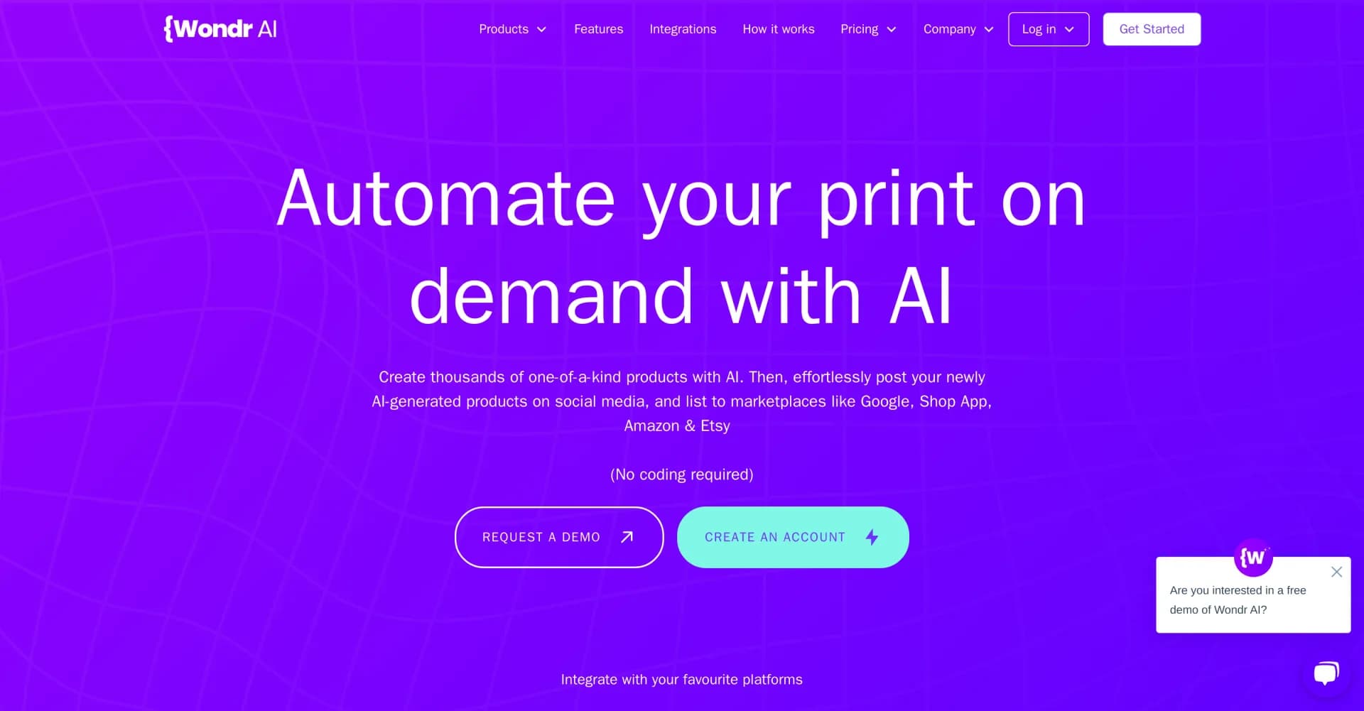 WondrAI homepage screenshot — Automate your print on demand store with AI.