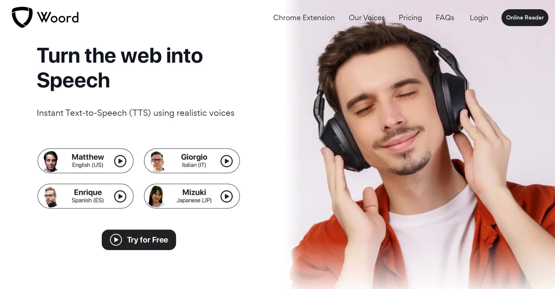 Woord homepage screenshot — Convert text to natural speech instantly.