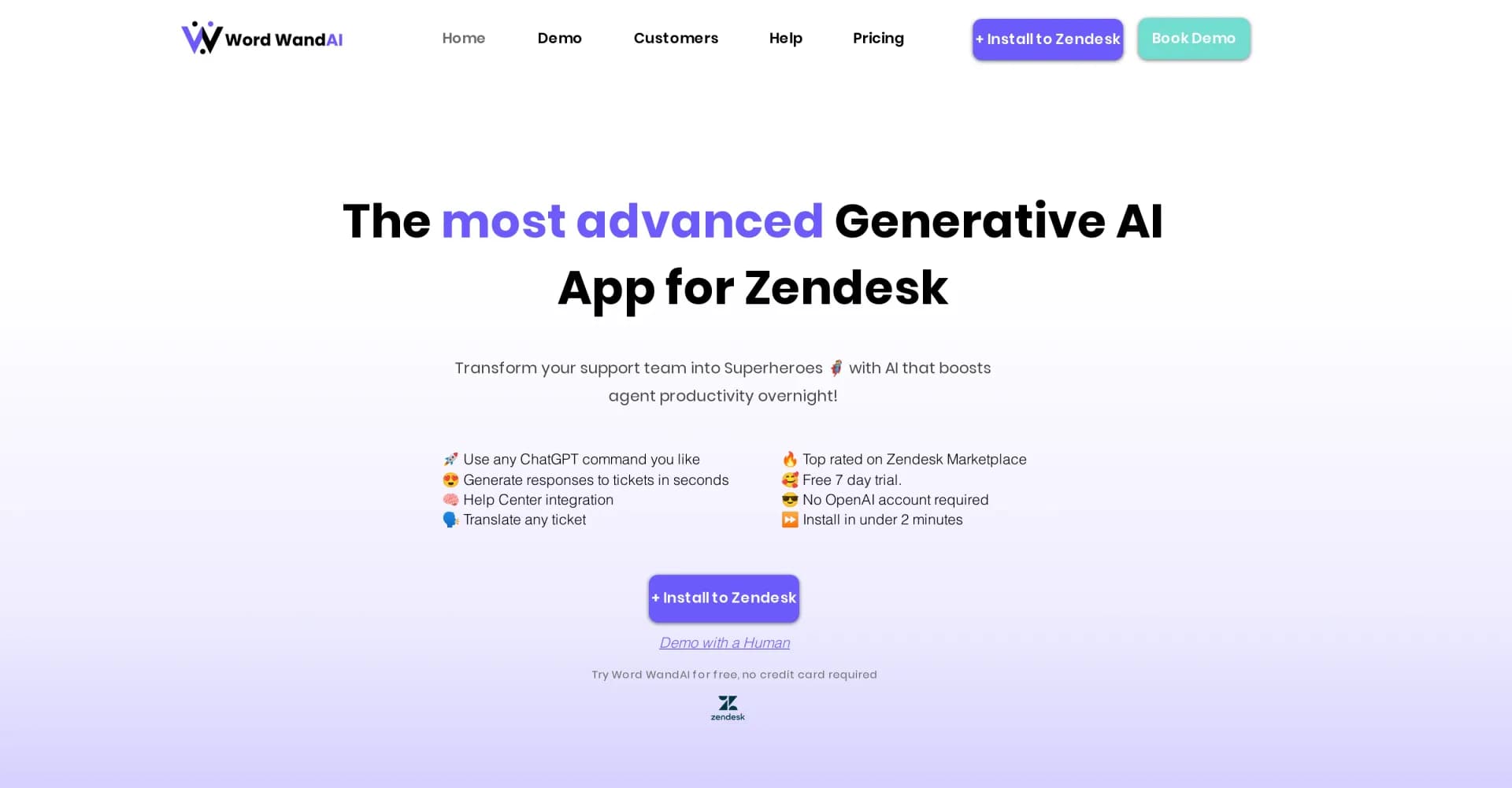 Word WandAI homepage screenshot — Boost support agent productivity with AI-powered Zendesk too
