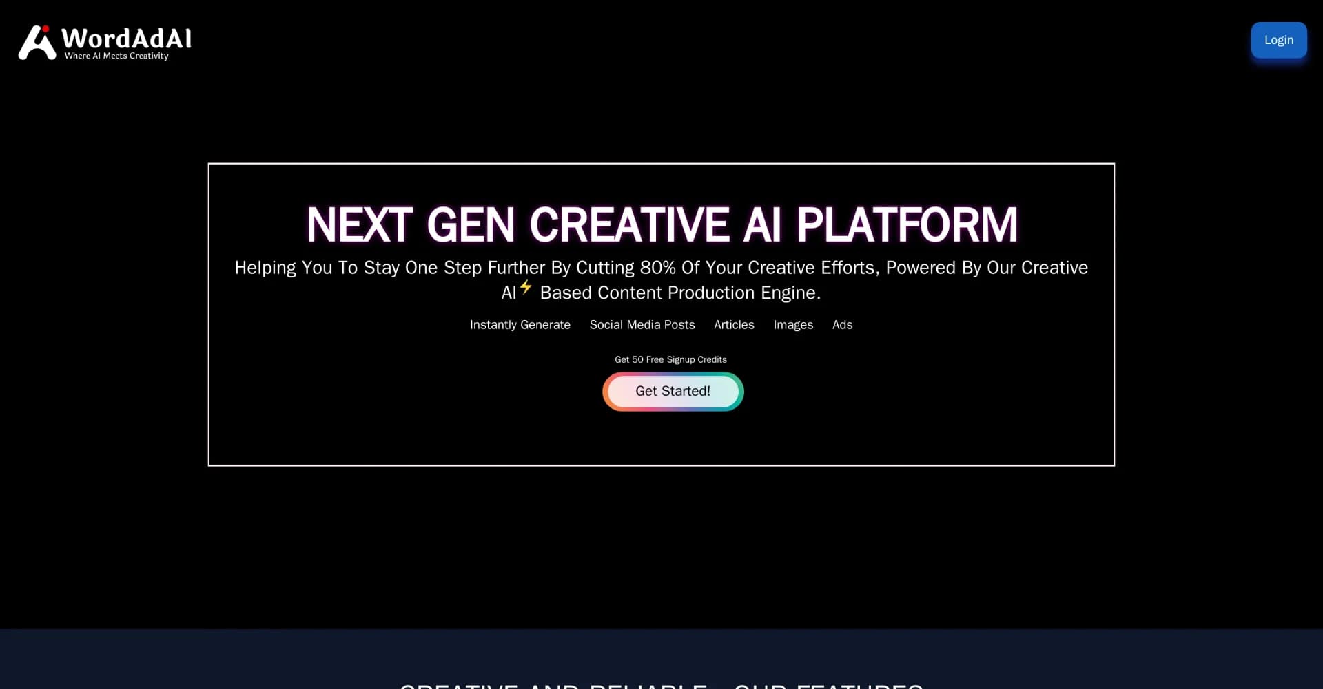 WordAdAI homepage screenshot — Generate engaging social media content instantly with AI