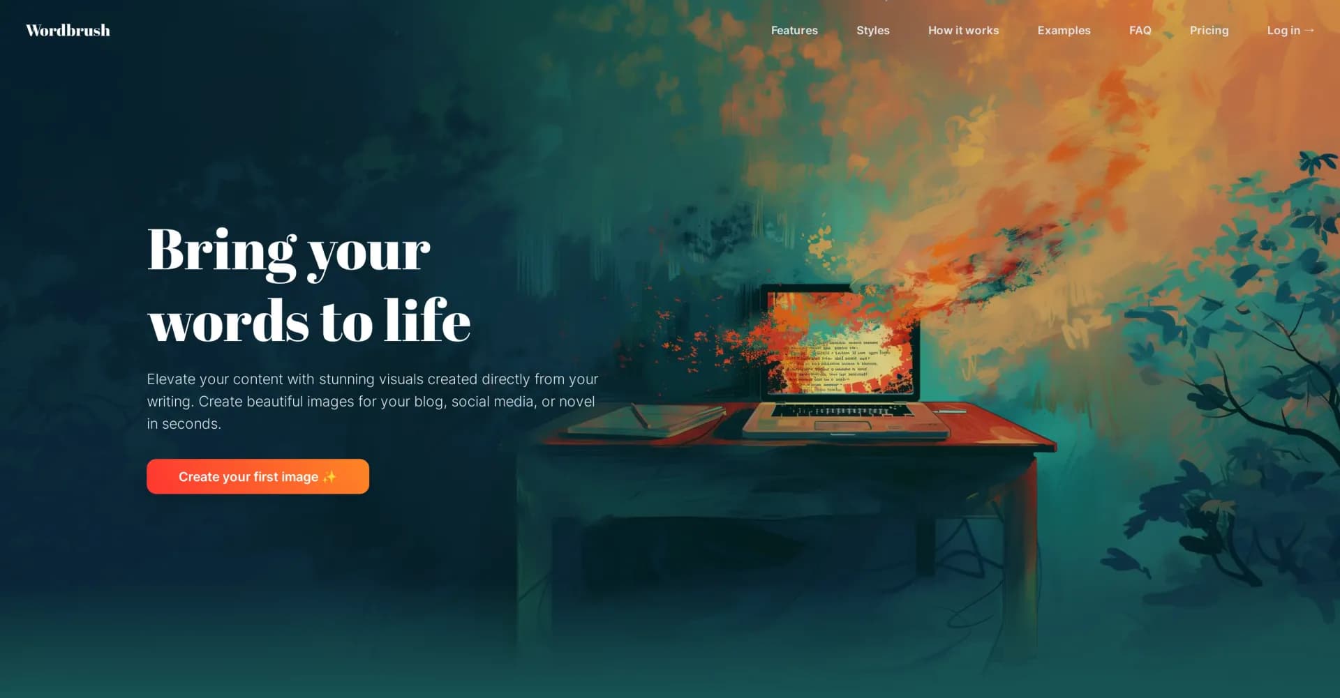 Wordbrush homepage screenshot — Elevate your content with stunning visuals created directly 