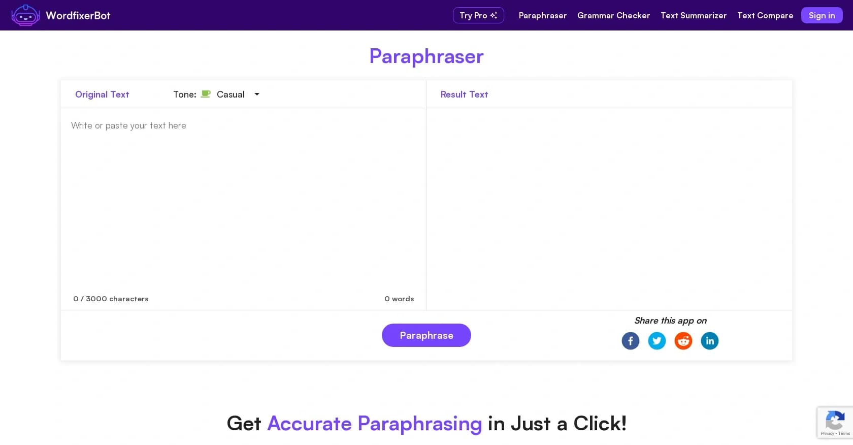 Wordfixerbot homepage screenshot — Rewrite text instantly with AI precision.