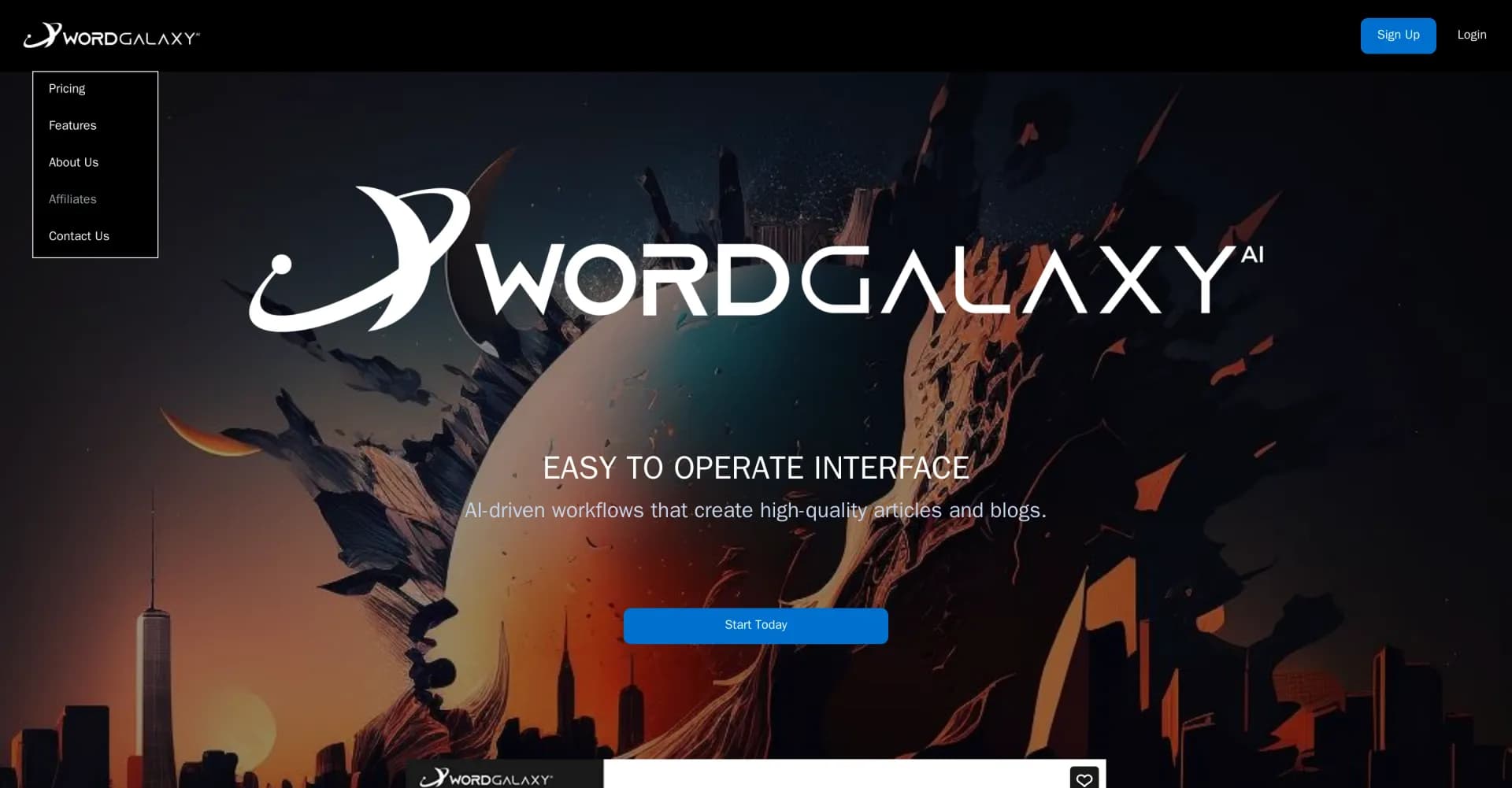 Wordgalaxy homepage screenshot — AI-driven workflows for SEO-optimized content