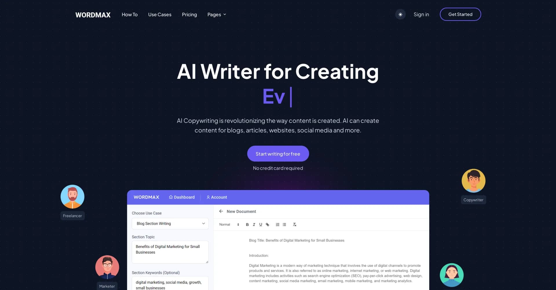 Wordmax homepage screenshot — AI-powered content creation simplified.