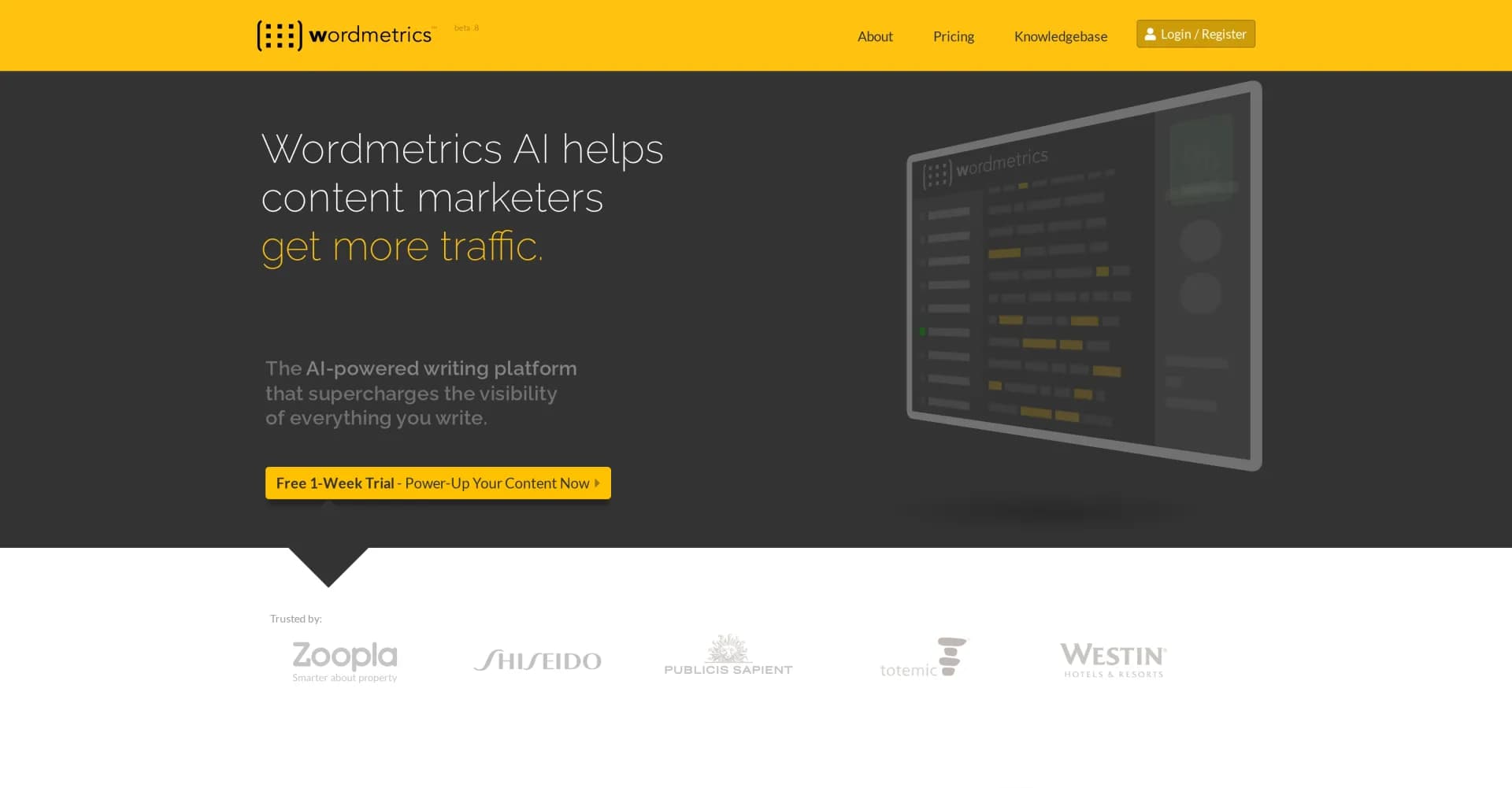 Wordmetrics homepage screenshot — AI-powered writing platform that supercharges content visibi