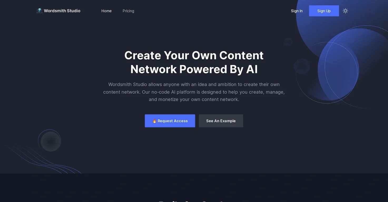Wordsmith Studio homepage screenshot — Create and monetize AI-powered content networks.