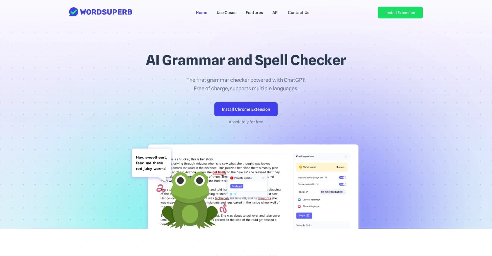 WordSuperb homepage screenshot — ChatGPT-powered grammar checker for multiple languages