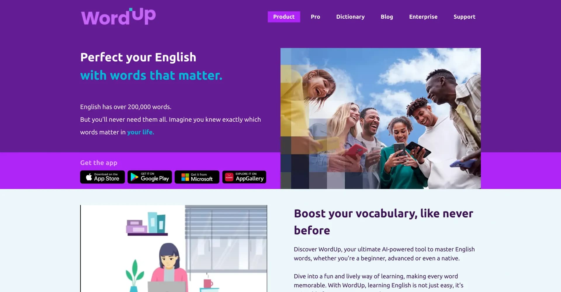 WordUp App homepage screenshot — Perfect your English with words that matter.
