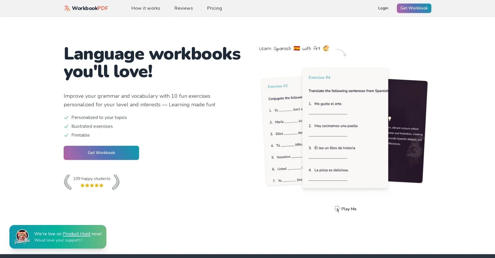 Workbookpdf homepage screenshot — Personalized language workbooks with fun exercises